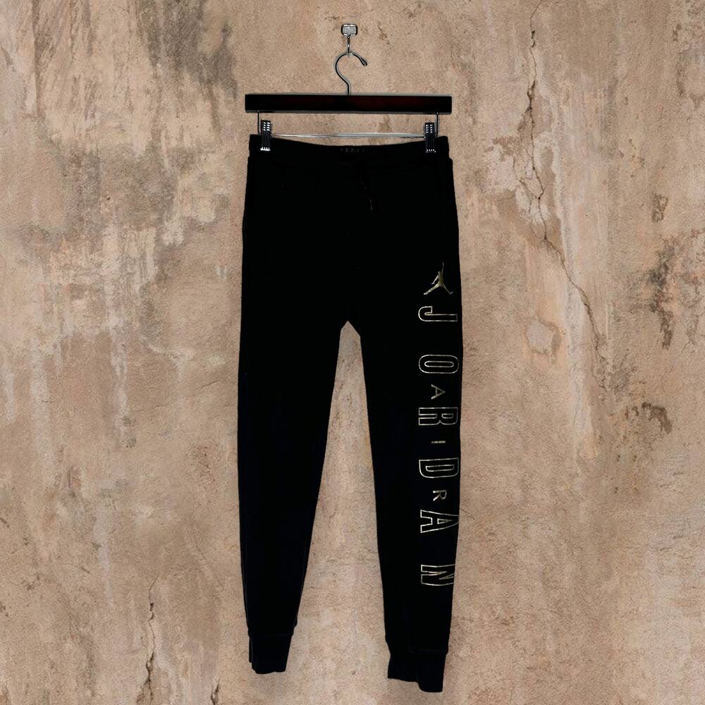 Vintage Y2K Jordan Sweatpants Youth L Jet Black Cotton Joggers Gold Jumpman - Picture 2 of 7